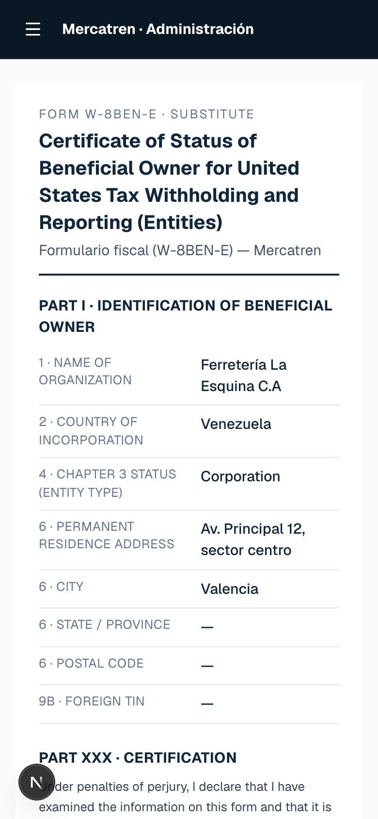 El documento W-8BEN-E ya firmado, tal como queda guardado en la ficha del comercio