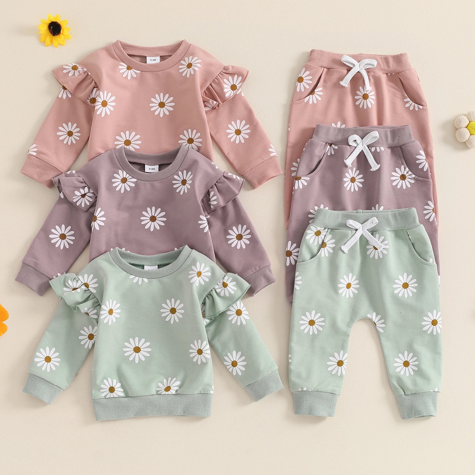 Conjunto de pantalón y manga larga con estampado de margaritas