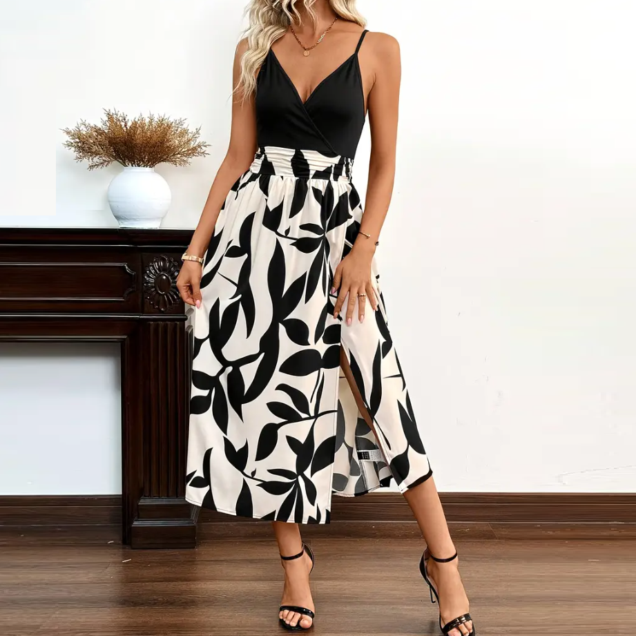 Vestido largo con estampado floral, sin mangas y abertura alta