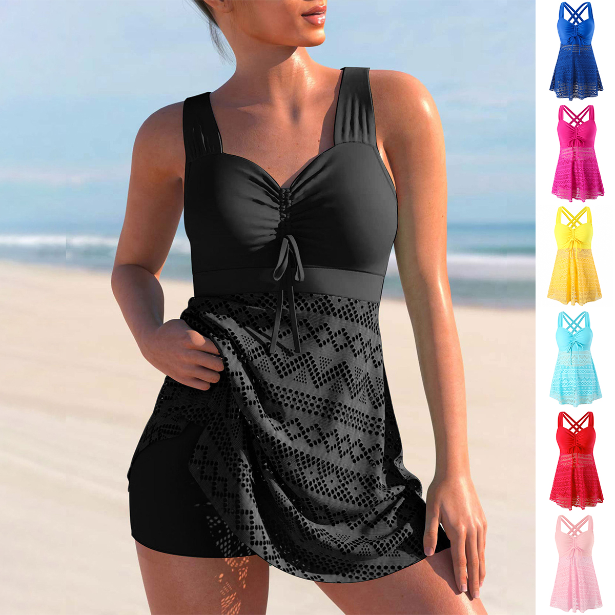 Traje de baño de una pieza con encaje y color sólido (Estilo coreano)