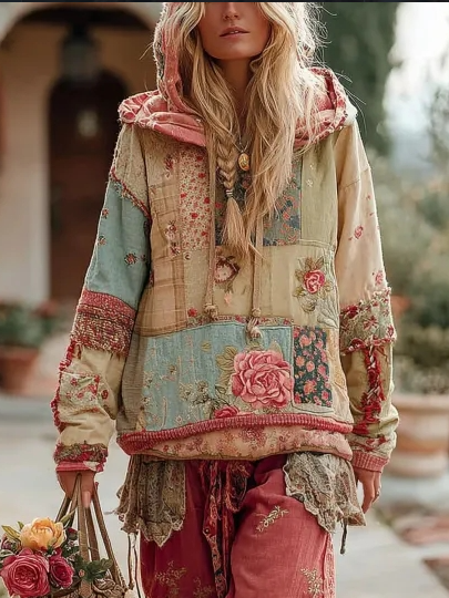 Sudadera vintage con capucha, estampado y cordones ajustables.