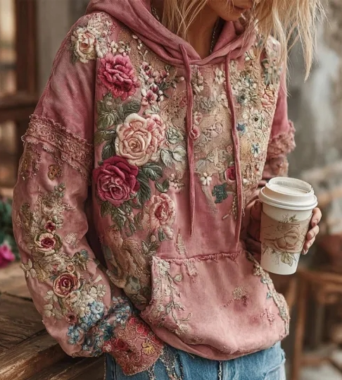 Sudadera con capucha vintage estampada y con cordones