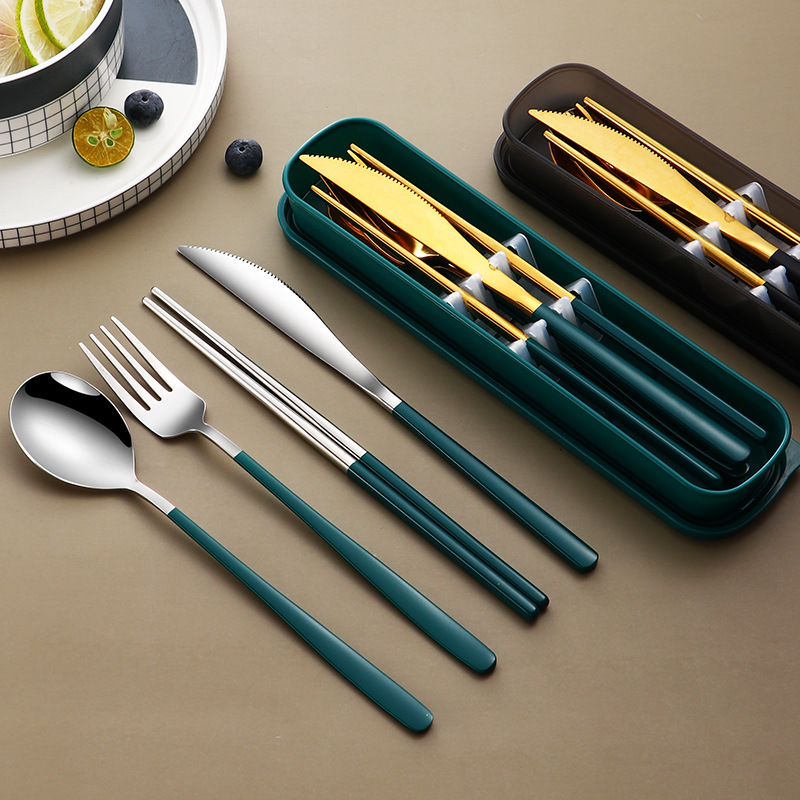 Set de cubiertos portátiles 304 dorados con estuche para viaje y camping