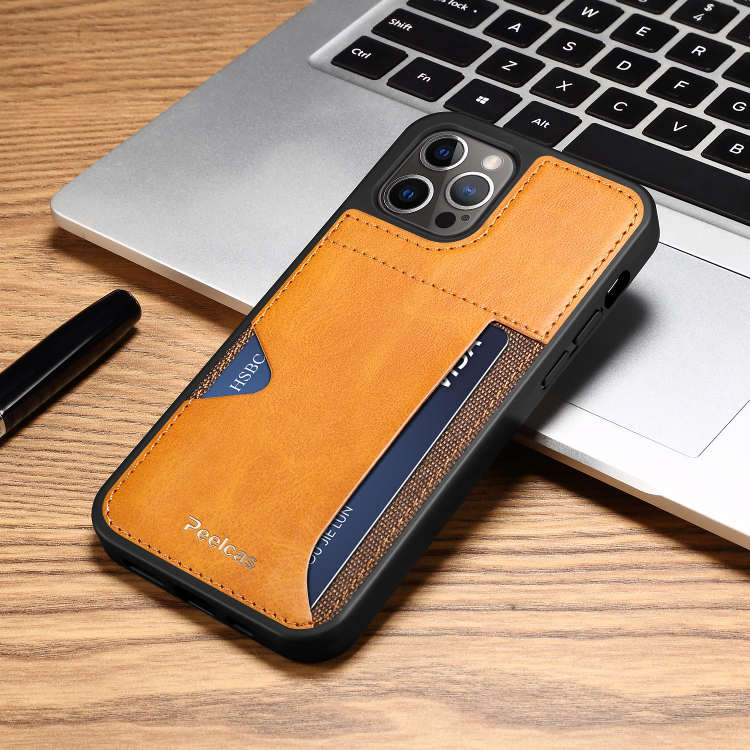 Funda de cuero para teléfono con tarjetero trasero