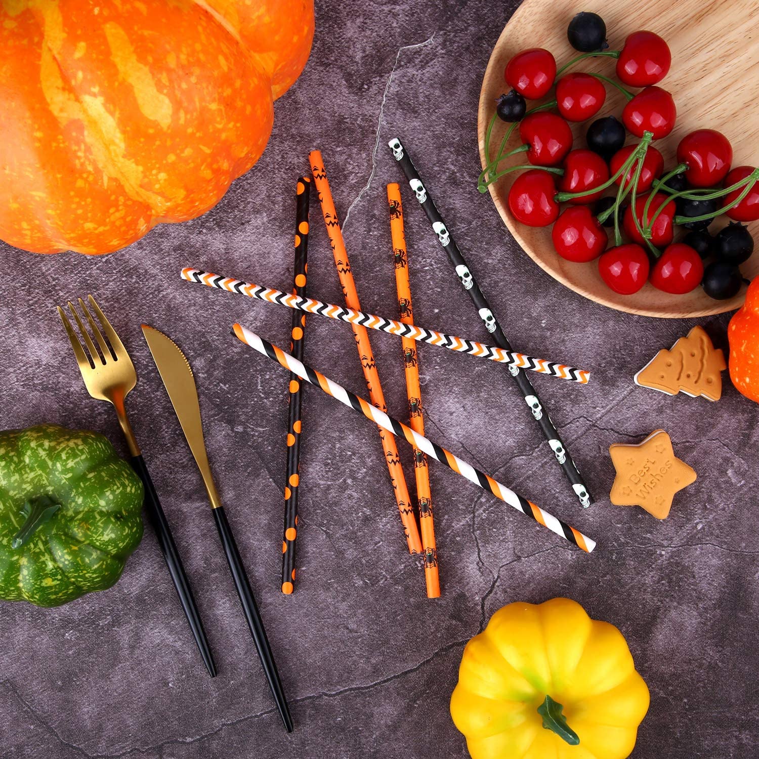 Pajitas de papel biodegradables para Halloween con calabaza y murciélago