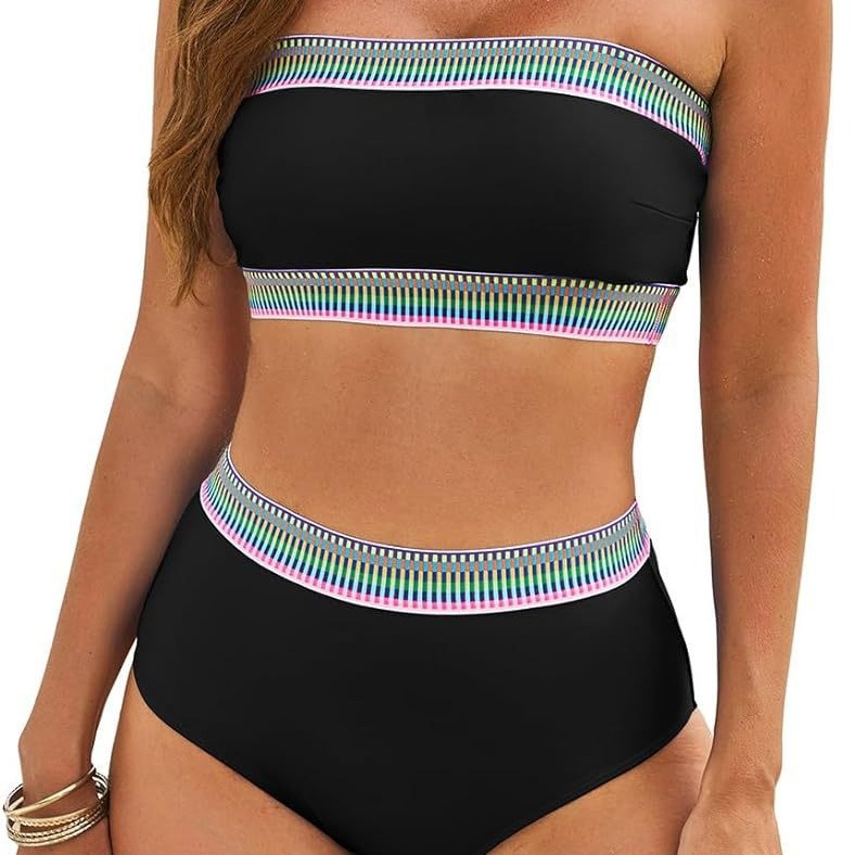 Bikini de dos piezas de color sólido con cintura alta que realza la figura