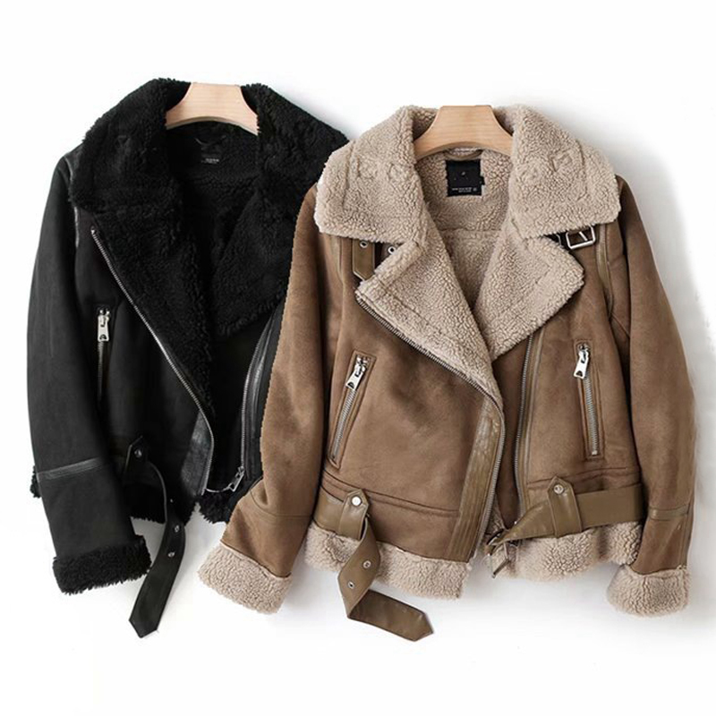 Chaqueta de invierno de gamuza con lana de cordero para mujer
