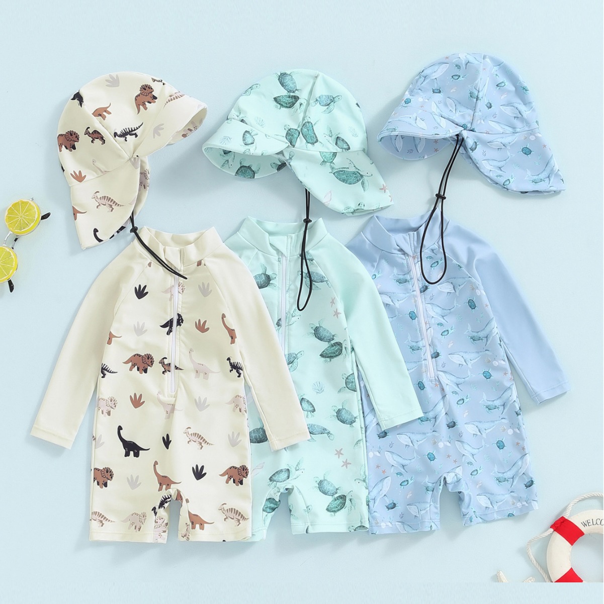 Traje de baño de una pieza con gorro y mangas largas para niños