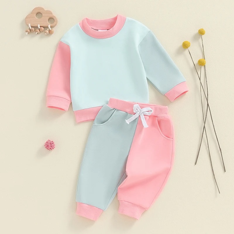 Conjunto de manga larga para niños, minimalista, versátil, con bloques de color